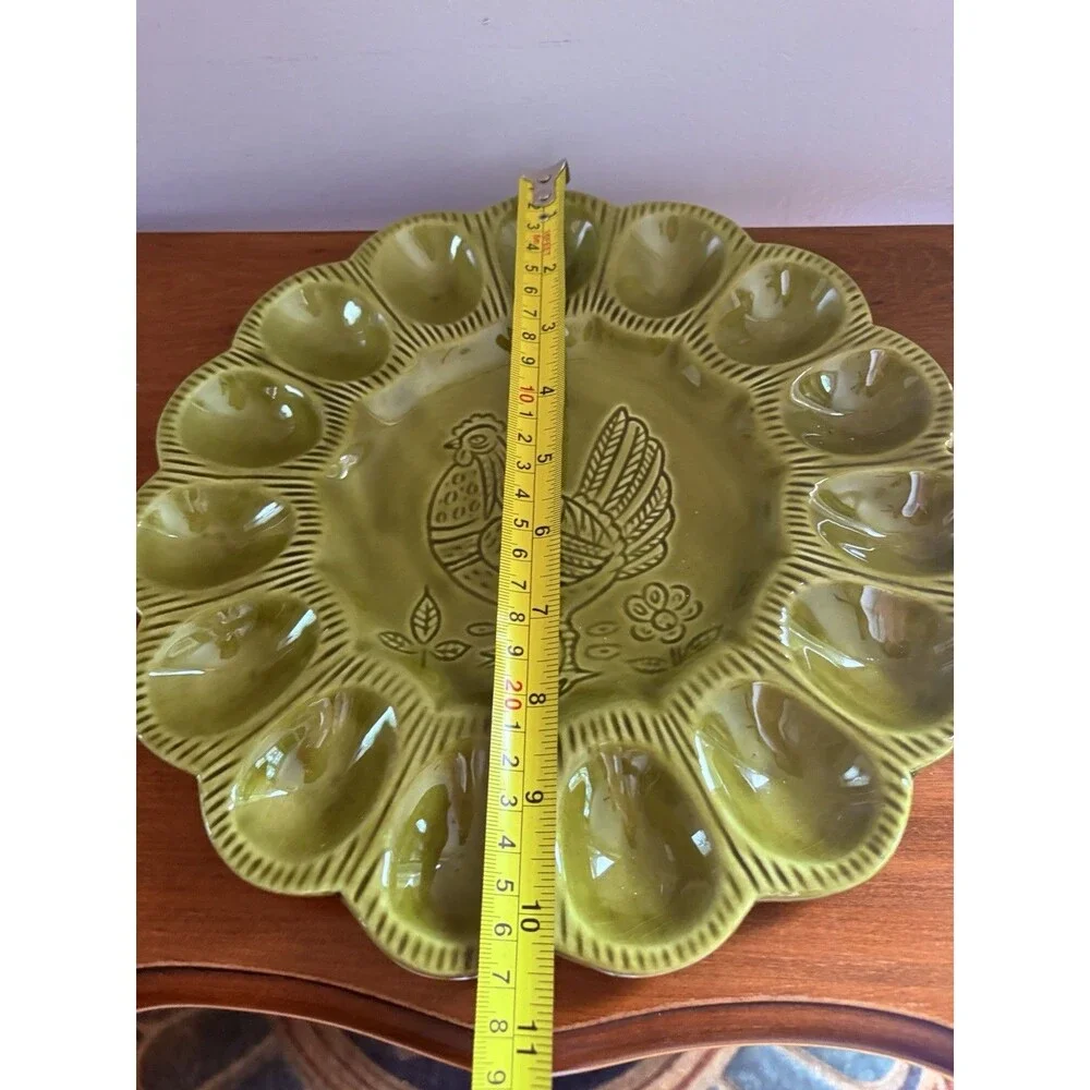 Vintage CALIF USA S29 Deviled Egg Plate Avocado Green Chicken Hen 1970s MCM
